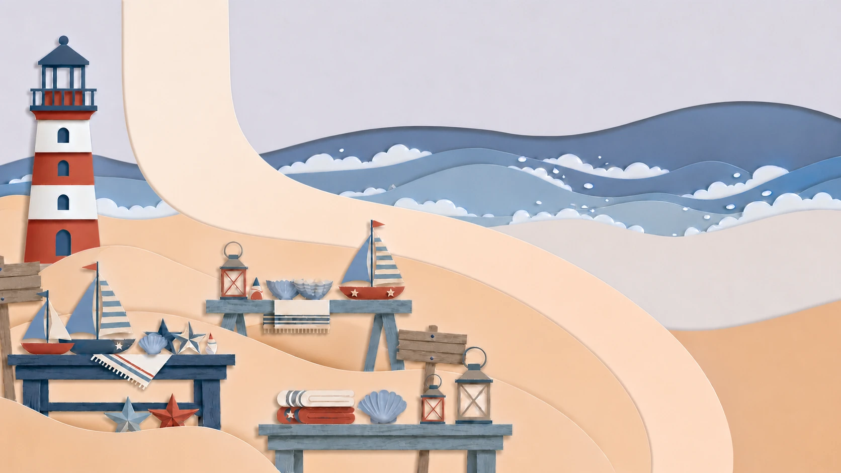 Paper-art coastline scene